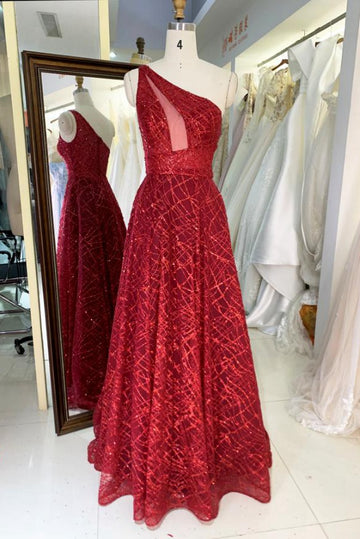 Trendy Burgundy One Shoulder A-line Evening Gown JTR002