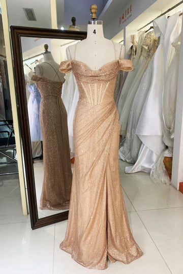 Trendy Champagne Off The Shoulder Straps Mermaid Evening Gown JTR003