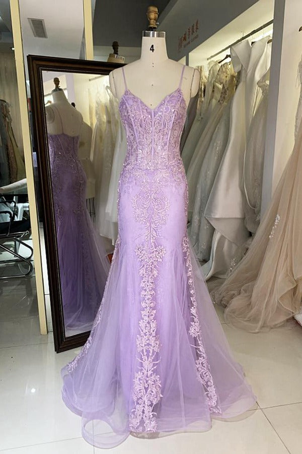 Trendy Purple Straps Lace Beading Mermaid Prom Gown JTR007