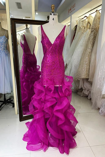 Trendy V-neck Ruffles Dark Fuchsia Prom Gown JTR011