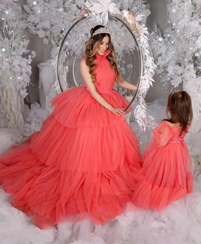 Watermelon Ruffles Tulle Mother Daughter Matching Formal Dress MGD018