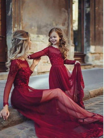 Burgundy Long Sleeve Mother Daughter Matching Formal Dress MGD019