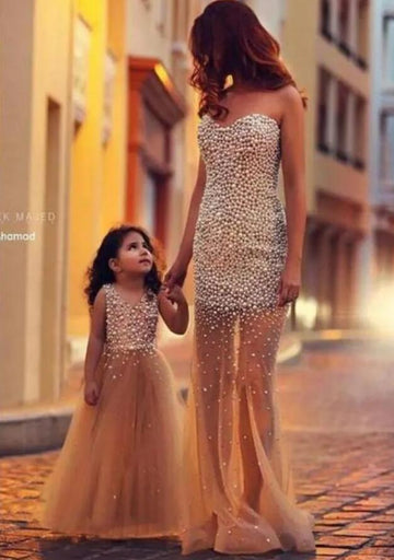 Mermaid Tulle Pearls Mother Daughter Matching Formal Dress MGD101