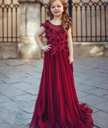 Appliques Burgundy Tulle Mother Daughter Matching Formal Dress MGD105