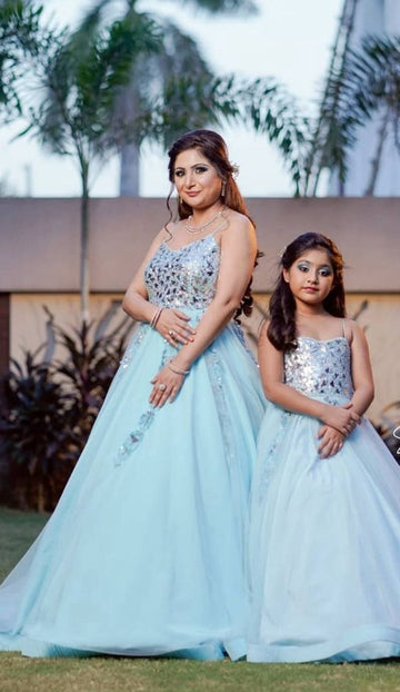 Trendy Light Blue Mother Daughter Matching Gowns MGD123