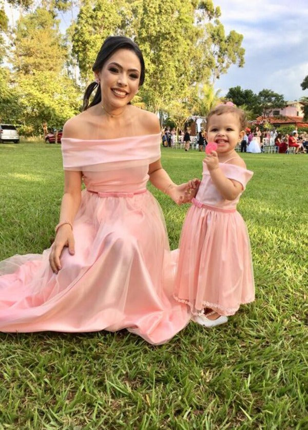 Off The Shoulder Pink Mother Daughter Matching Gowns MGD136