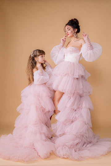 Off-the-Shoulder Pink Mother Daughter Matching Gowns MGD164