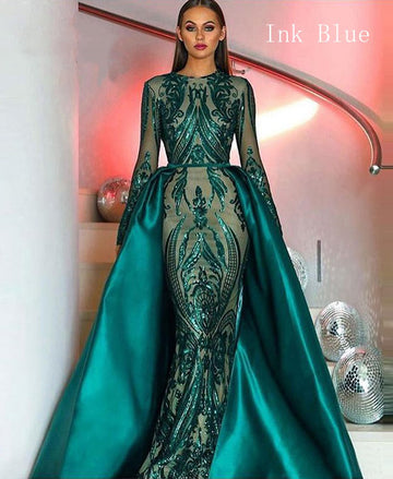 Unique Vintage  Ink Blue Long Sleeve Evening Gown PXD008