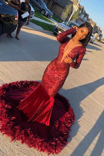 Dark Burgundy Deep V-Neck Long Sleeve Sequin Mermaid Prom Dress JTE016