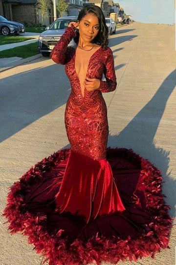 Dark Burgundy Deep V-Neck Long Sleeve Sequin Mermaid Prom Dress JTE016