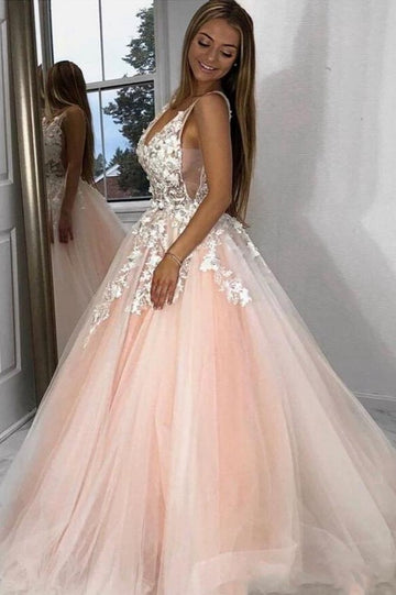 Princess V-neck Tulle Pink Prom Dress JTE021