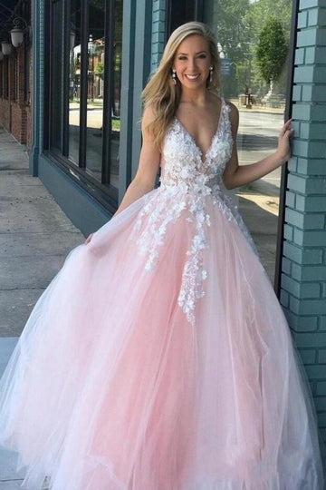 Princess V-neck Tulle Pink Prom Dress JTE021