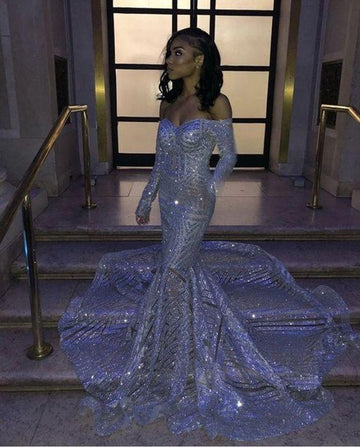 Off The Shoulder Sequins Long Sleeve Mermaid Prom Dresses JTE035