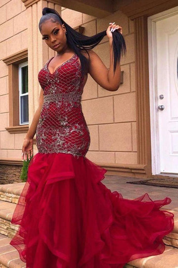 Plus Size Red V-Neck Mermaid Sweep Train Evening Gown JTE043