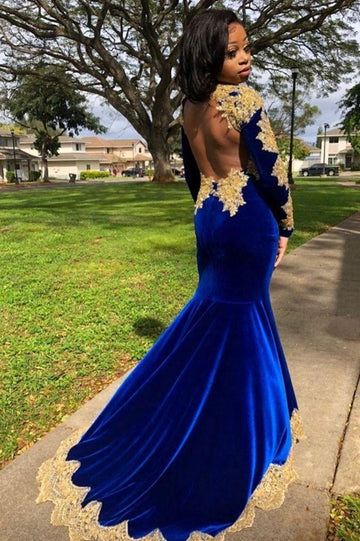 Plus Size Royal Blue Velvet Long Sleeves Mermaid Front Split Evening Gowns JTE047