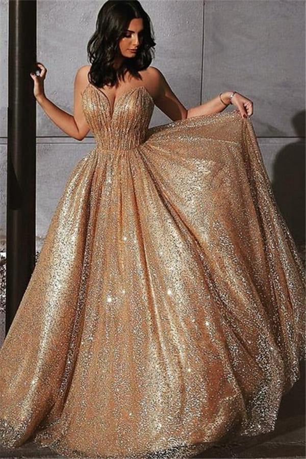 Champagne Bling A-line Straps Prom Gown JTE055