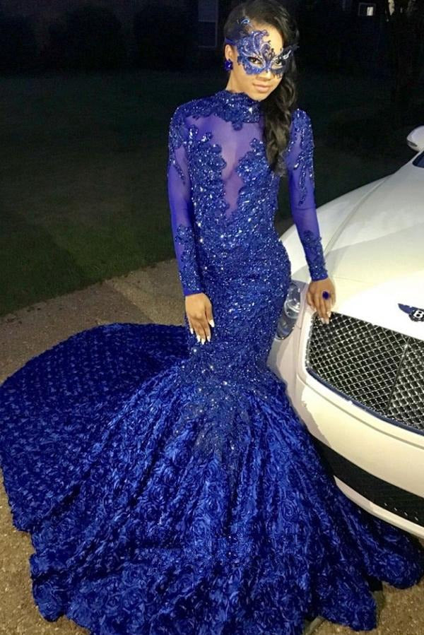 Royal Blue Long Sleeves Lace Mermaid Evening Gown JTE059