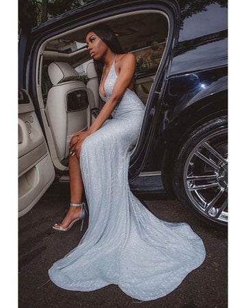 Sexy V-neck Slit Light Blue Mermaid Evening Gown JTE070