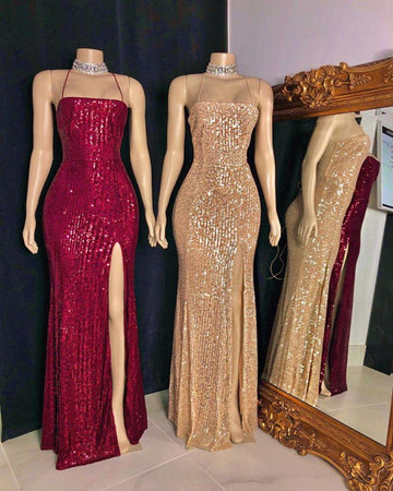 Dark Burgundy Straps Slit Sheath Prom Gown JTE074