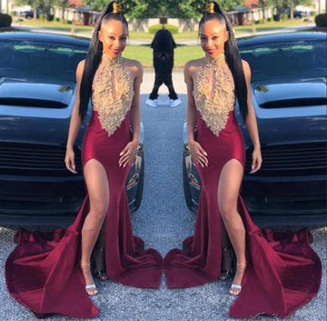 Halter Sexy Slit Dark Burgundy Mermaid Prom Gown JTE083