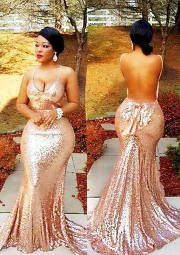 Plus Size Rose Gold Sequins Backless Mermaid Evening Gowns JTE086