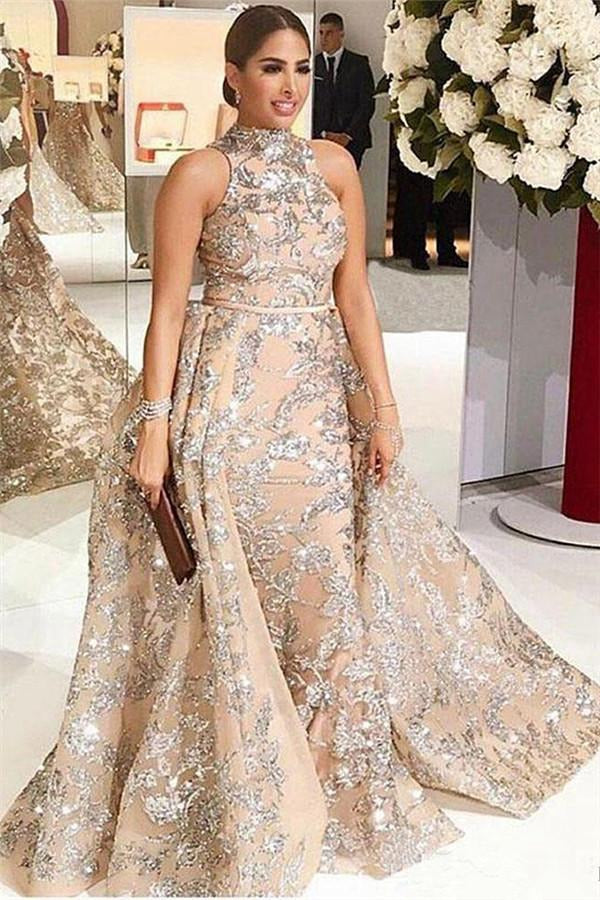 Halter Overskirt Champagne Beading Lace Appliques Prom Dress JTE101