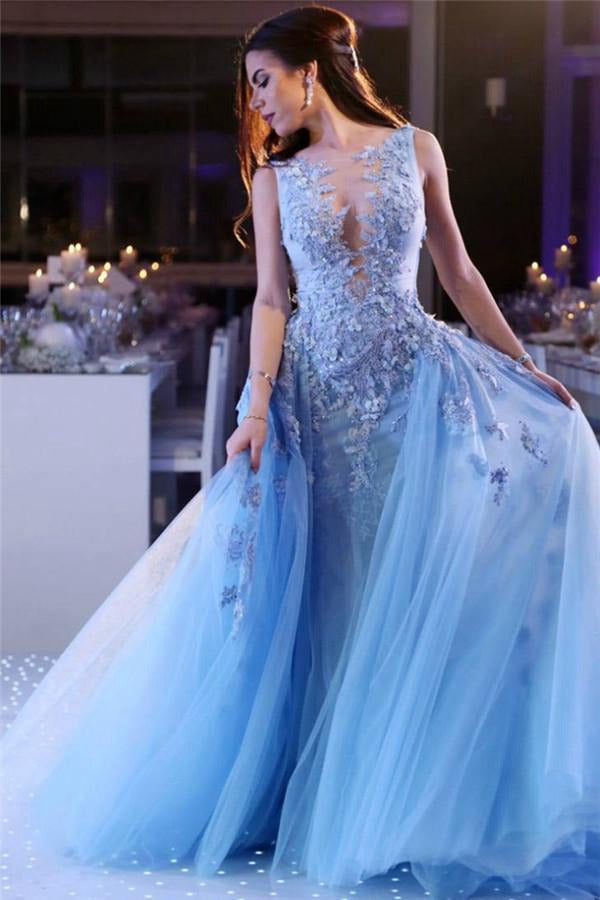 Sky Blue Lace Ball Puffy Overskirt Prom Dress JTE102