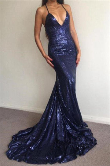 Navy Blue Sequins Deep V-Neck Mermaid Evening Gown JTE103