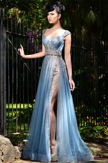 Blue Tulle Crystal Slit Evening Gown JTE106