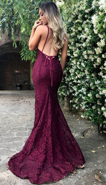 Open Back Burgundy Lace V-neck Mermaid Evening Gown JTE107