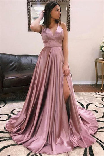Pink A-line V-neck Front Slit Prom Gowns JTE111