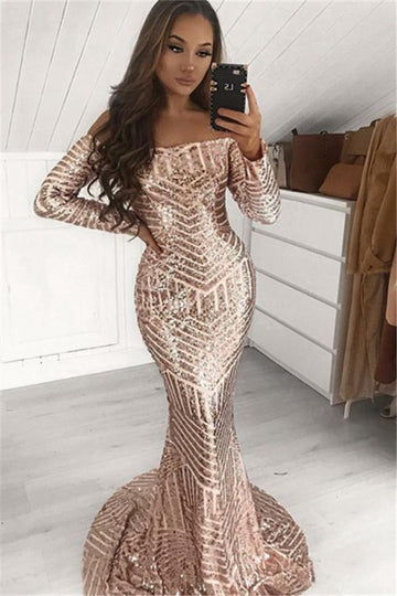 Sequins Gold Off-The-Shoulder Long Sleeve Mermaid Evening Gowns JTE114