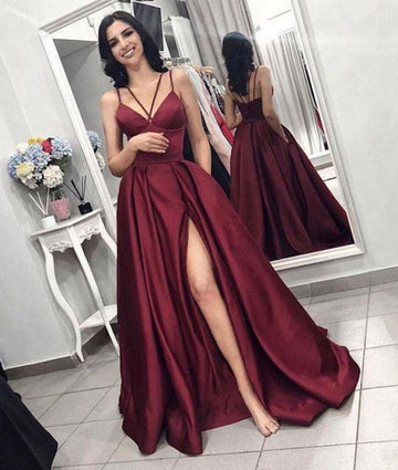 Front Split Burgundy Straps A-Line Prom Gowns JTE117