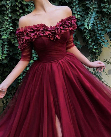 Burgundy A-line Off The Shoulder Applique Prom Gown JTE120