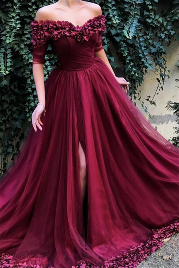 Burgundy A-line Off The Shoulder Applique Prom Gown JTE120