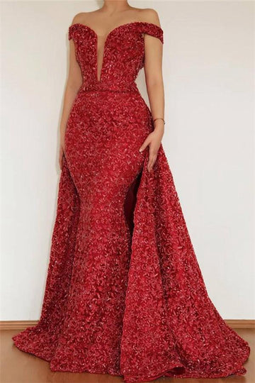 Burgundy Mermaid Off-the-Shoulder Lace Appliques Prom Dress Detachable Skirt JTE122