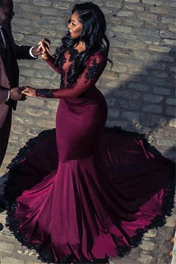 Burgundy Long Sleeve Appliques Tulle Mermaid Evening Gown JTE135