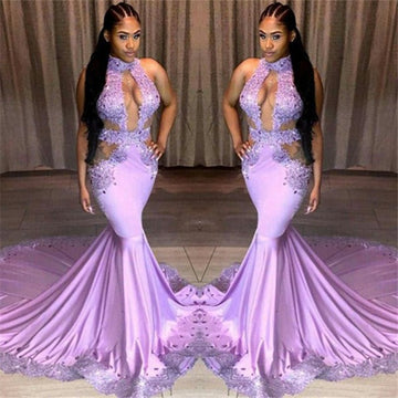 Sexy Purple Halter Appliques Lace Mermaid Evening Gown JTE137