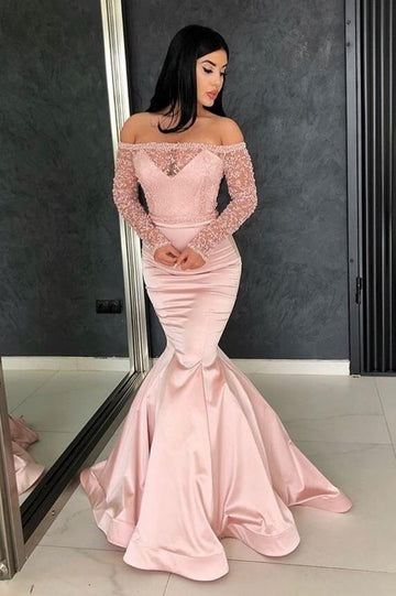 Pink Mermaid Off-the-Shoulder Long Sleeves Lace Evening Gown JTE148