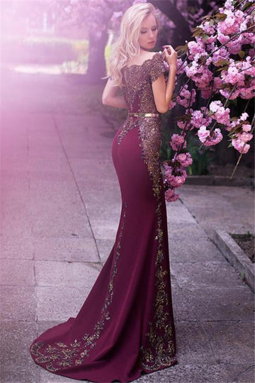 Burgundy Off-the-Shoulder Appliques Mermaid Evening Gown JTE155