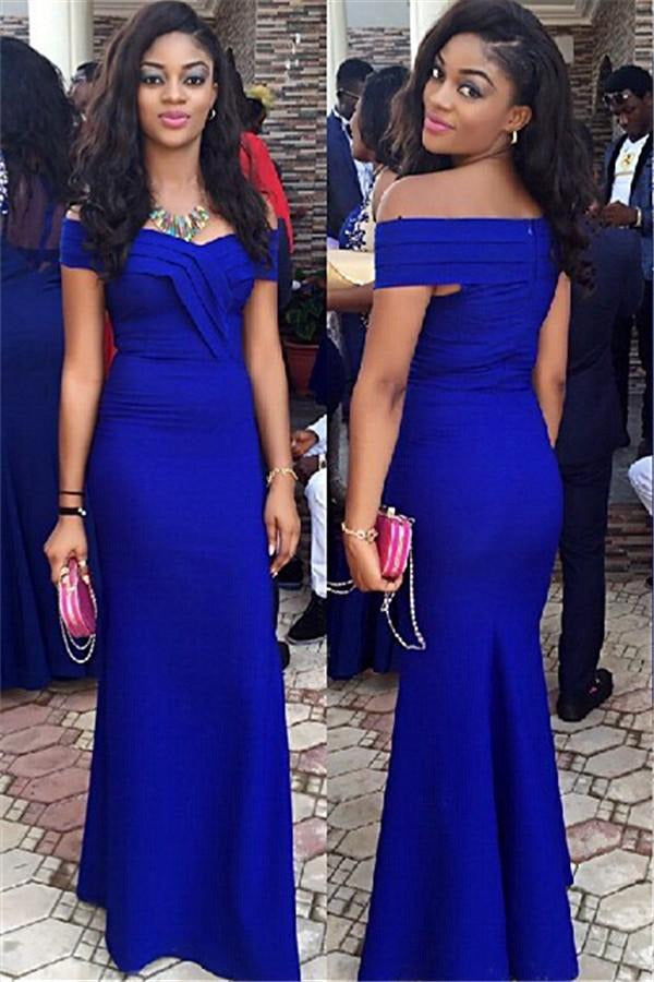 Royal Blue Wedding Guest Sheath Off Shoulder Evening Gown JTE156