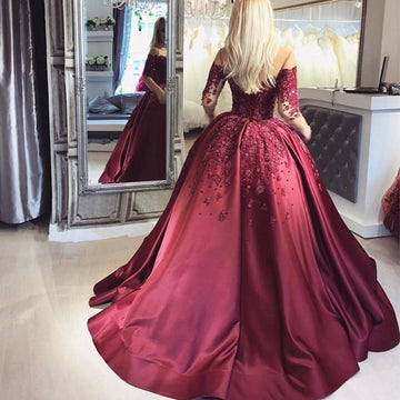 Burgundy Off-the-Shoulder Long-Sleeve Crystal Appliques Puffy Prom Gown JTE159