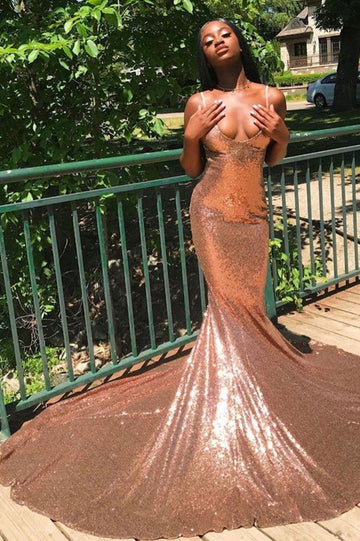 Sexy Spaghetti Sequins Mermaid V-Neck Evening Gown JTE181