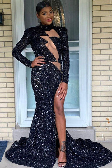 Black Long Sleeve Sequin Mermaid Evening Gown JTE184