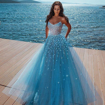 Ocean Blue Butterfly Sweetheart Tulle Sparkle Princess Prom Dress JTE193