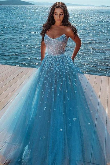 Ocean Blue Butterfly Sweetheart Tulle Sparkle Princess Prom Dress JTE193