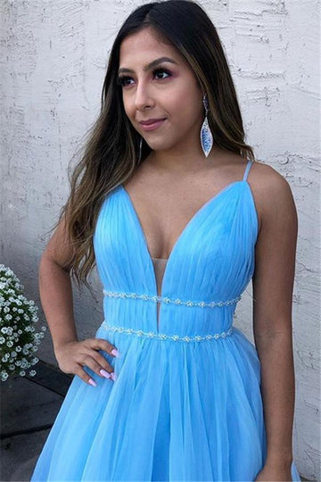 Plus Size Blue Spaghetti-Straps A-Line Tulle Prom Gowns JTE215