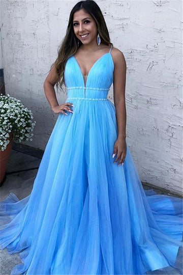 Plus Size Blue Spaghetti-Straps A-Line Tulle Prom Gowns JTE215