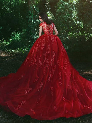 Red V-Neck Overskirt Lace Applique Prom Gowns JTE225