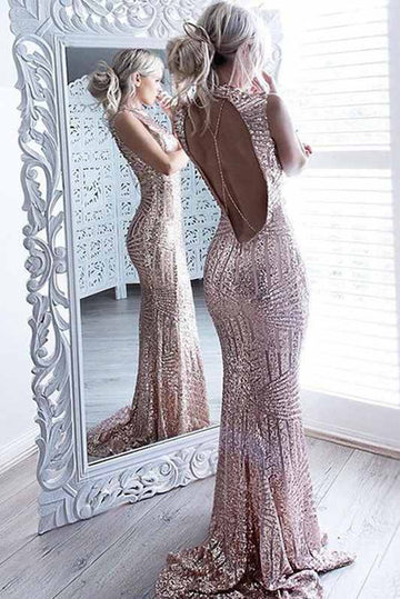 Pink Sequins Sparkling Open-Back High Neck Evening Gown JTE234